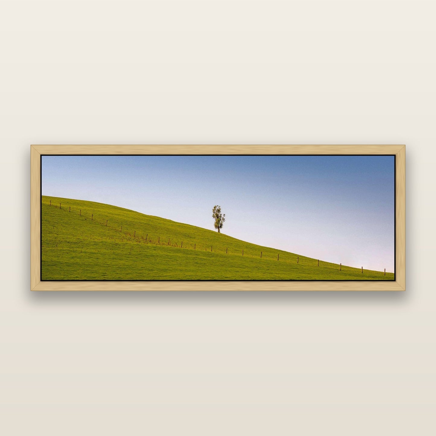 Solitary Sentinel, Cabbage Tree Serenity — framed metallic canvas print, Natural frame. New Zealand fine art landscape wall art by Stephen Milner.