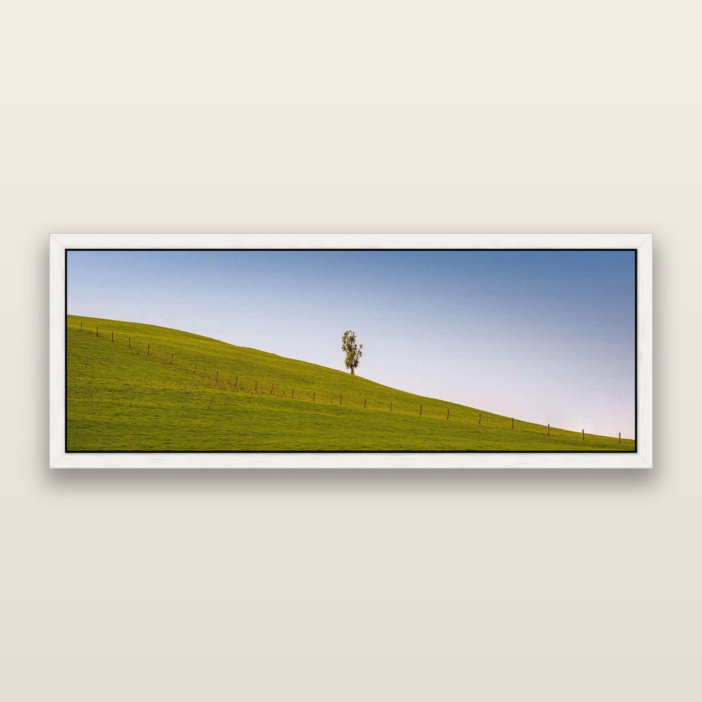 Solitary Sentinel, Cabbage Tree Serenity — framed metallic canvas print, White frame. New Zealand fine art landscape wall art by Stephen Milner.
