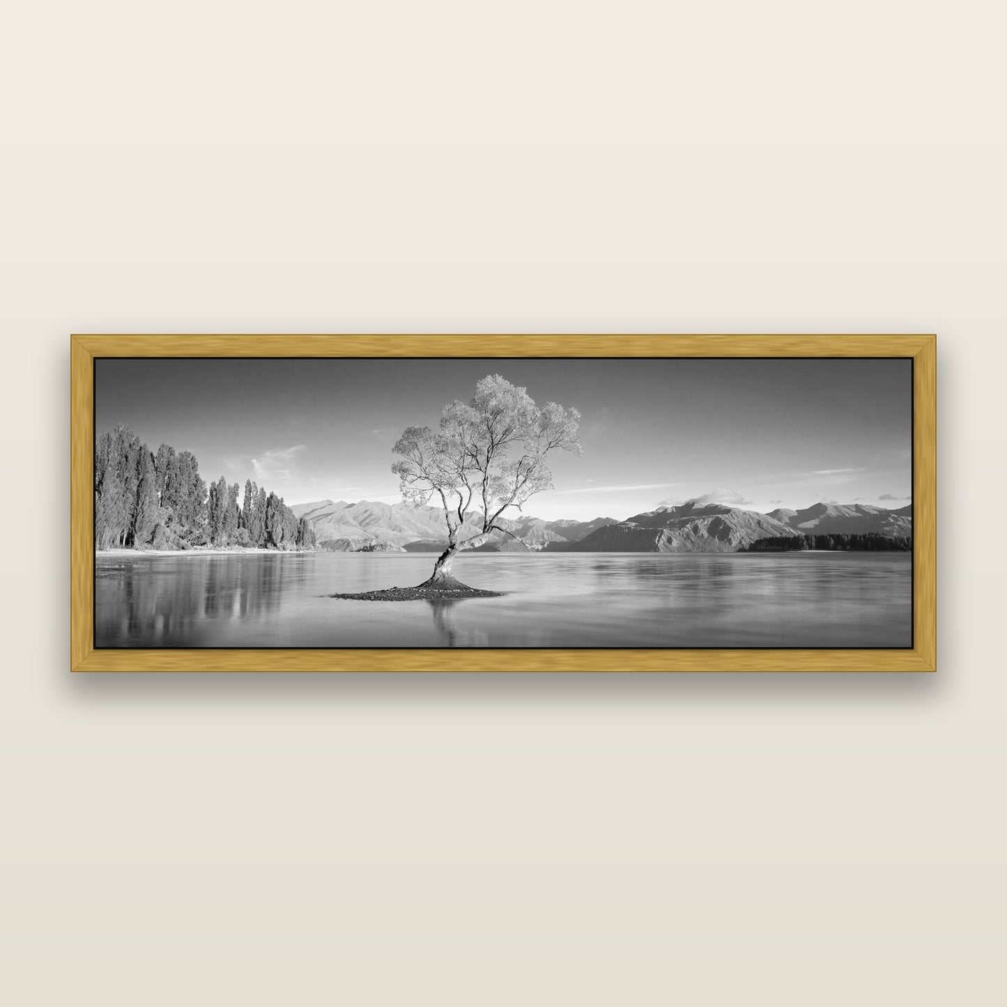 Solitude in the Shallows, Lake Wanaka, black and white framed metallic canvas print, Antique Gold frame. New Zealand fine art wall art by Stephen Milner.