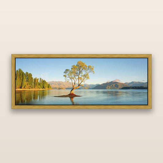 Solitude in Gold, Lake Wanaka — framed metallic canvas print, Antique Gold frame. New Zealand fine art landscape wall art by Stephen Milner.