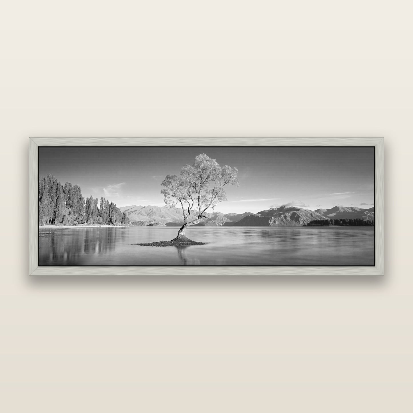 Solitude in the Shallows, Lake Wanaka, black and white framed metallic canvas print, Antique Silver frame. New Zealand fine art wall art by Stephen Milner.
