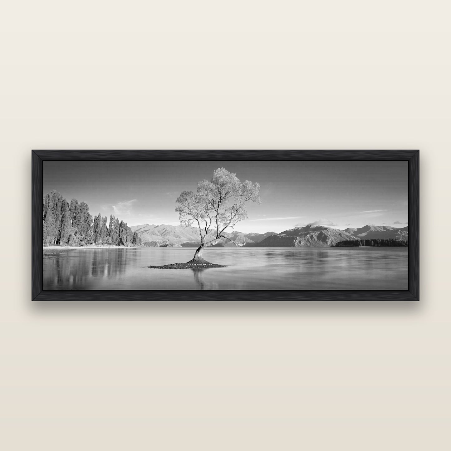 Solitude in the Shallows, Lake Wanaka, black and white framed metallic canvas print, Black frame. New Zealand fine art wall art by Stephen Milner.