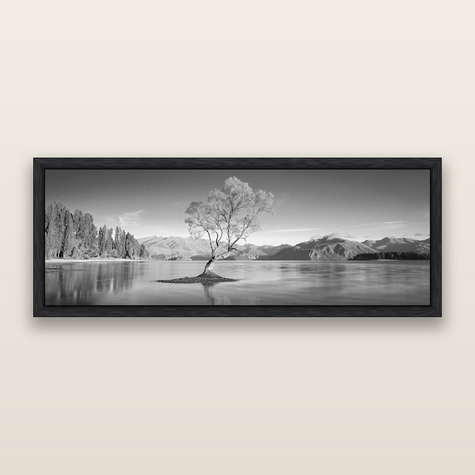 Solitude in the Shallows, Lake Wanaka, black and white framed metallic canvas print, Black frame. New Zealand fine art wall art by Stephen Milner.