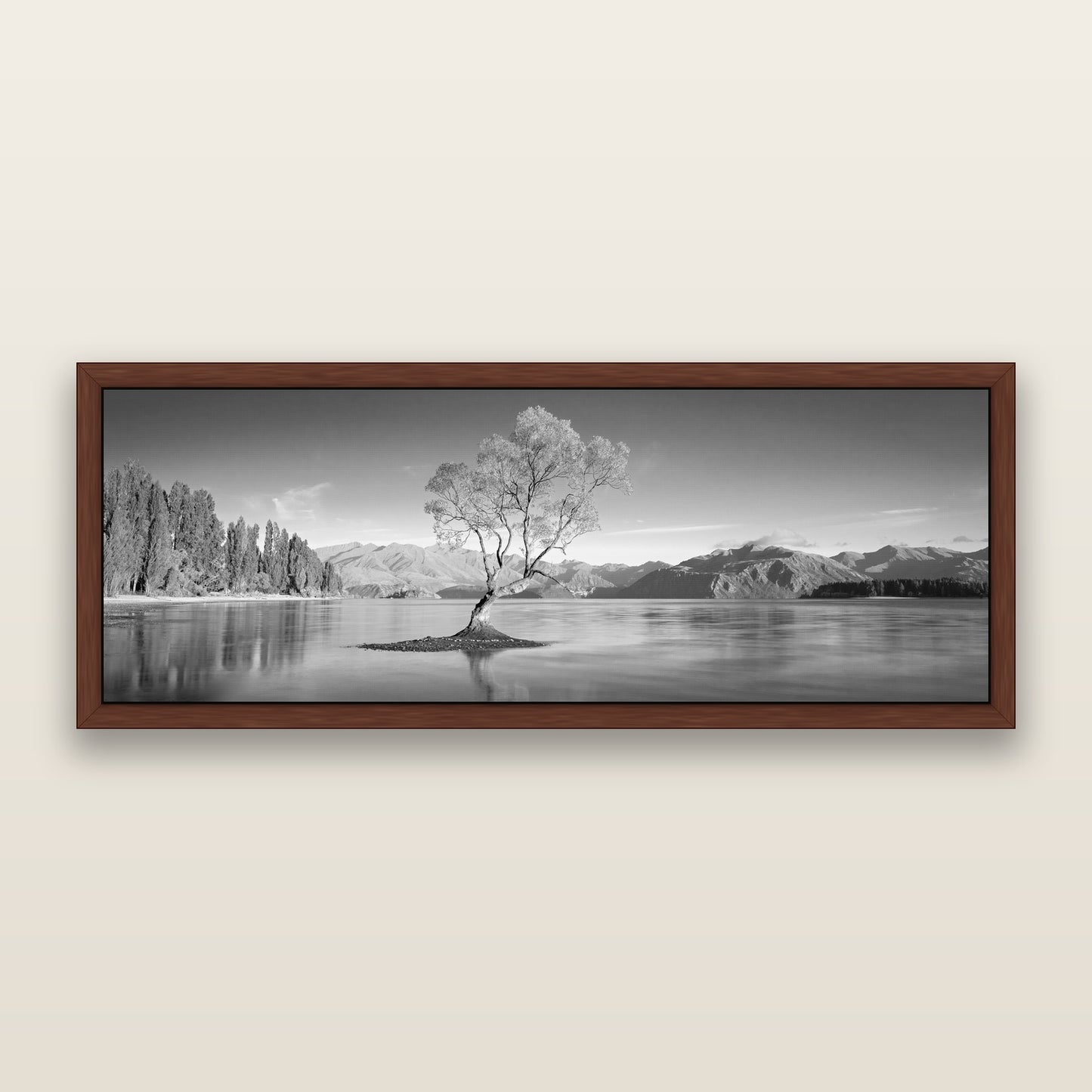 Solitude in the Shallows, Lake Wanaka, black and white framed metallic canvas print, Brown frame. New Zealand fine art wall art by Stephen Milner.