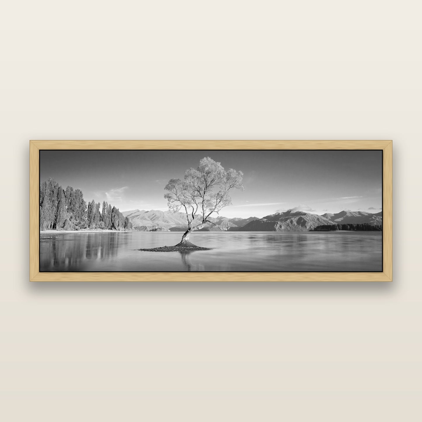Solitude in the Shallows, Lake Wanaka, black and white framed metallic canvas print, Natural frame. New Zealand fine art wall art by Stephen Milner.