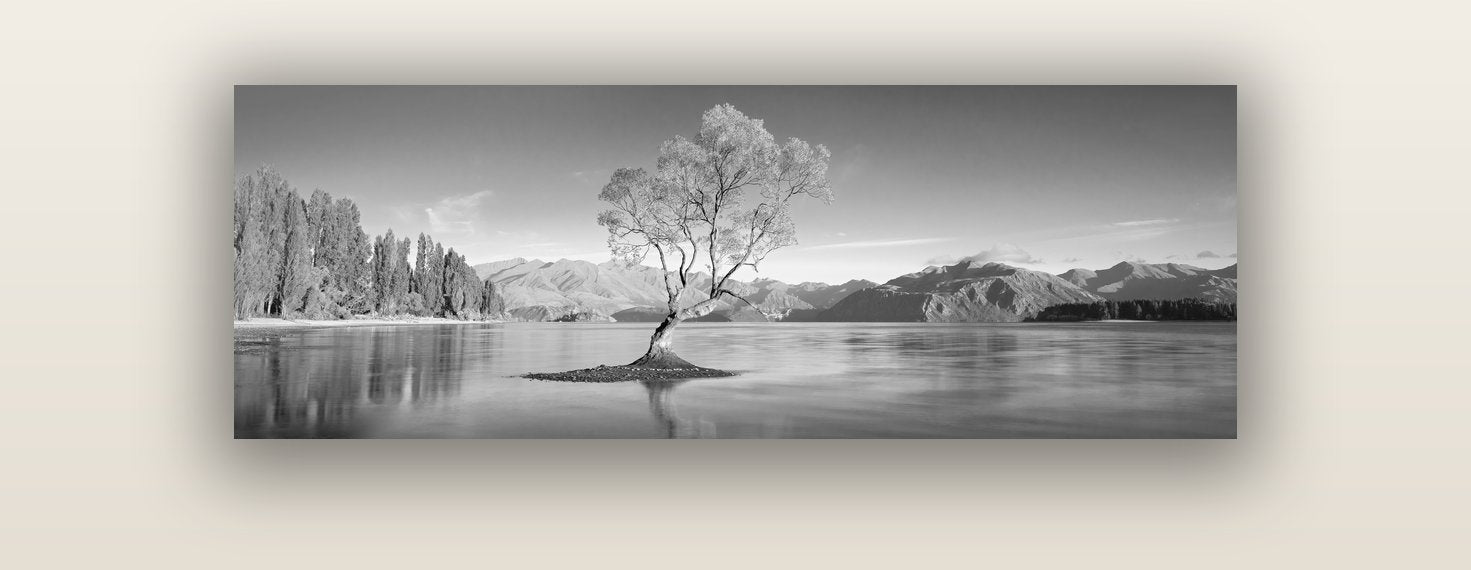 Solitude in the Shallows, Lake Wanaka — acrylic glass print, 122 × 41 cm. New Zealand fine art landscape wall art by Stephen Milner.
