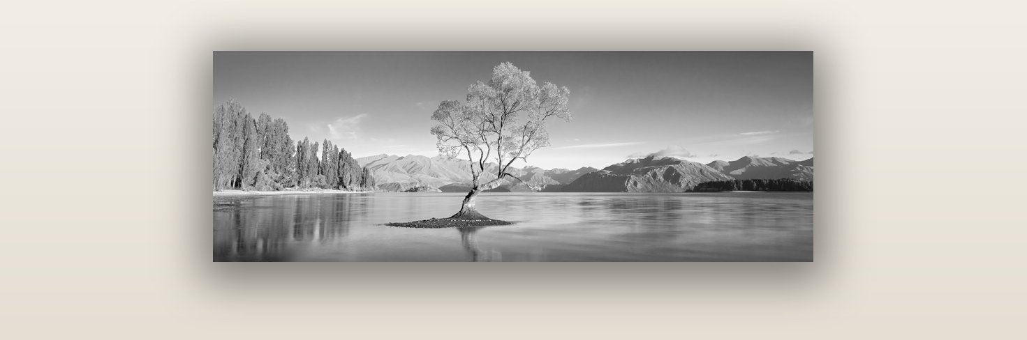 Solitude in the Shallows, Lake Wanaka — acrylic glass print, 91 × 30 cm. New Zealand fine art landscape wall art by Stephen Milner.