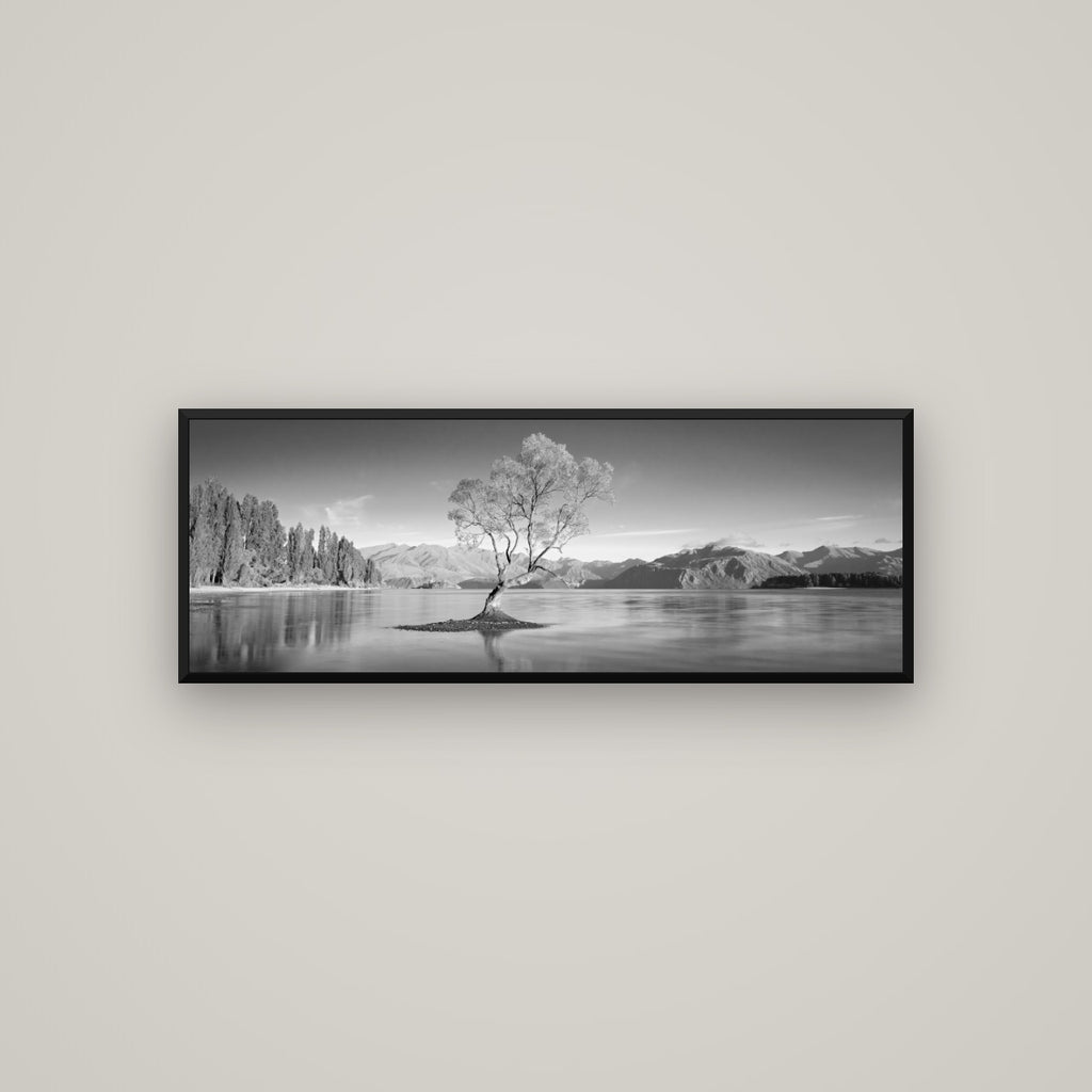 Solitude in the Shallows, Lake Wanaka — Basel Black Matte, 113×40 cm. New Zealand fine art wall art by Stephen Milner.