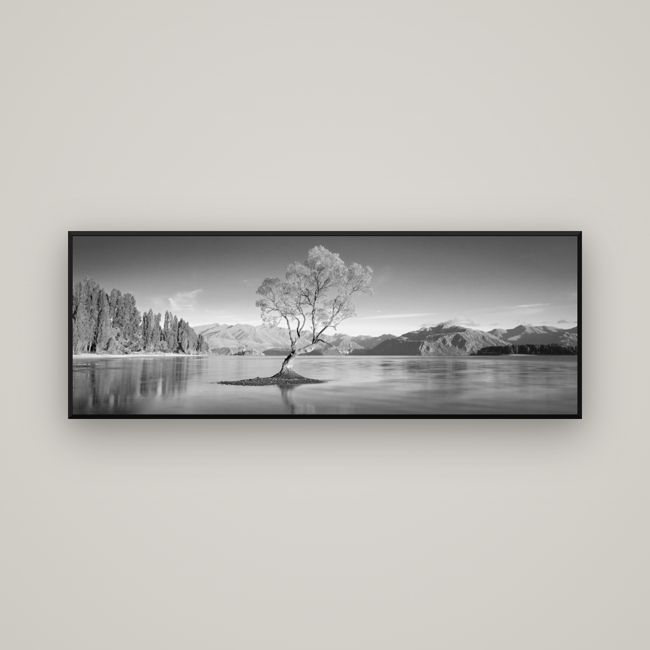 Solitude in the Shallows, Lake Wanaka — Basel Black Matte, 170×60 cm. New Zealand fine art wall art by Stephen Milner.