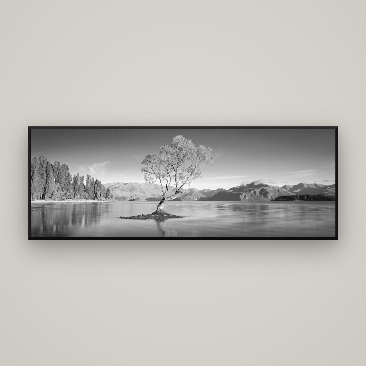 Solitude in the Shallows, Lake Wanaka — Basel Black, 170×60 cm. New Zealand fine art wall art by Stephen Milner.