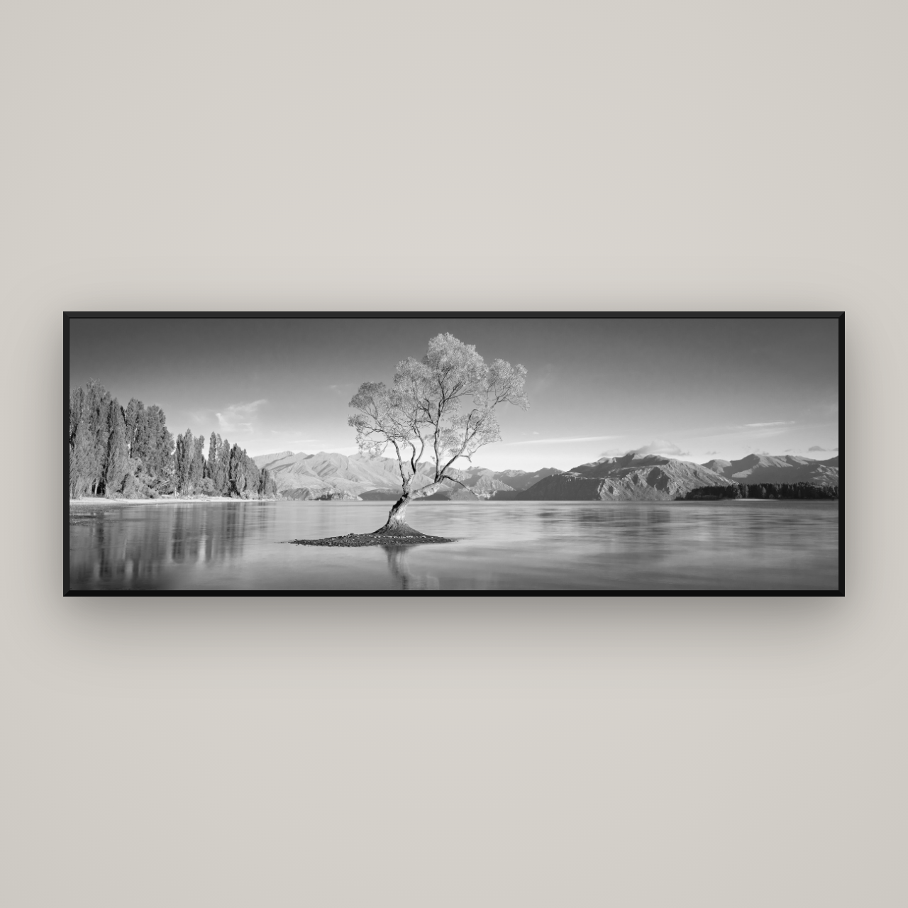 Solitude in the Shallows, Lake Wanaka — Basel Black Matte, 198×70 cm. New Zealand fine art wall art by Stephen Milner.