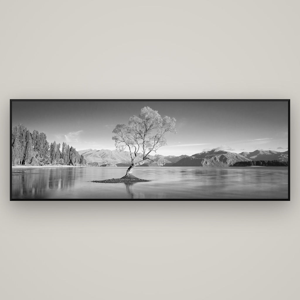 Solitude in the Shallows, Lake Wanaka — Basel Black Matte, 198×70 cm. New Zealand fine art wall art by Stephen Milner.