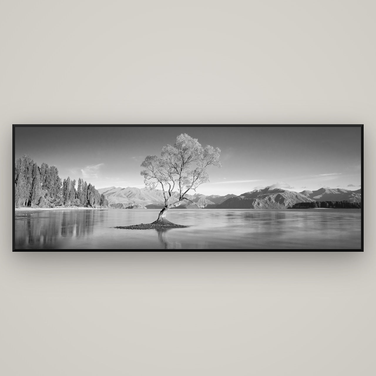 Solitude in the Shallows, Lake Wanaka — Basel Black, 198×70 cm. New Zealand fine art wall art by Stephen Milner.