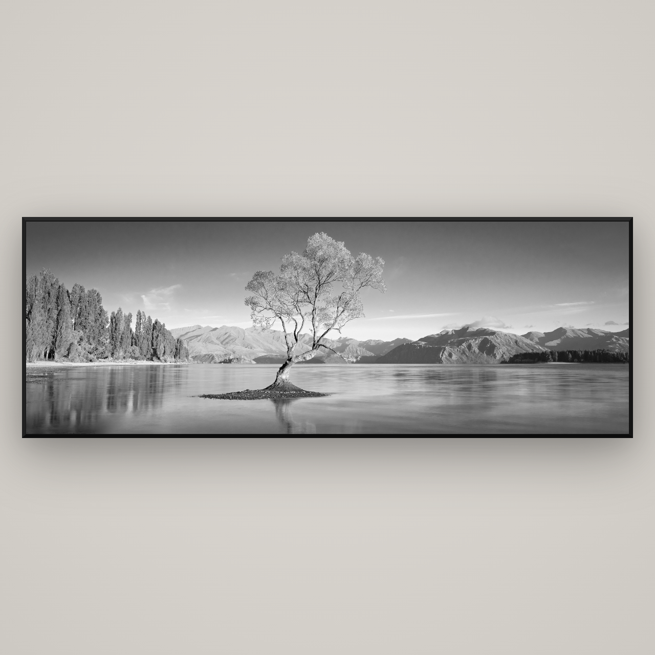 Solitude in the Shallows, Lake Wanaka — Basel Black Matte, 227×80 cm. New Zealand fine art wall art by Stephen Milner.