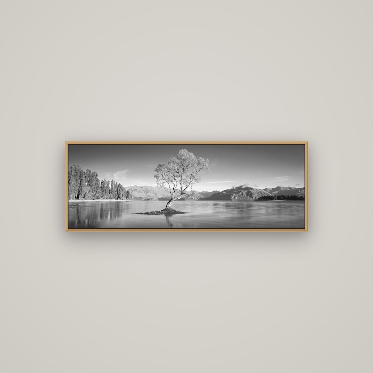 Solitude in the Shallows, Lake Wanaka, Basel Natural Oak, 113×40 cm. New Zealand fine art wall art by Stephen Milner.