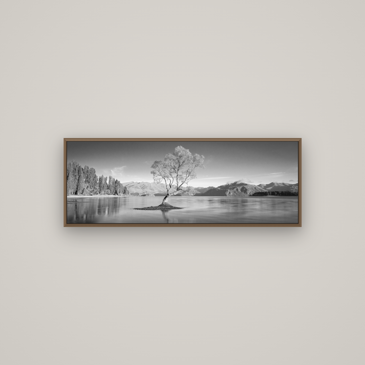 Solitude in the Shallows, Lake Wanaka, Basel Walnut, 113×40 cm. New Zealand fine art wall art by Stephen Milner.