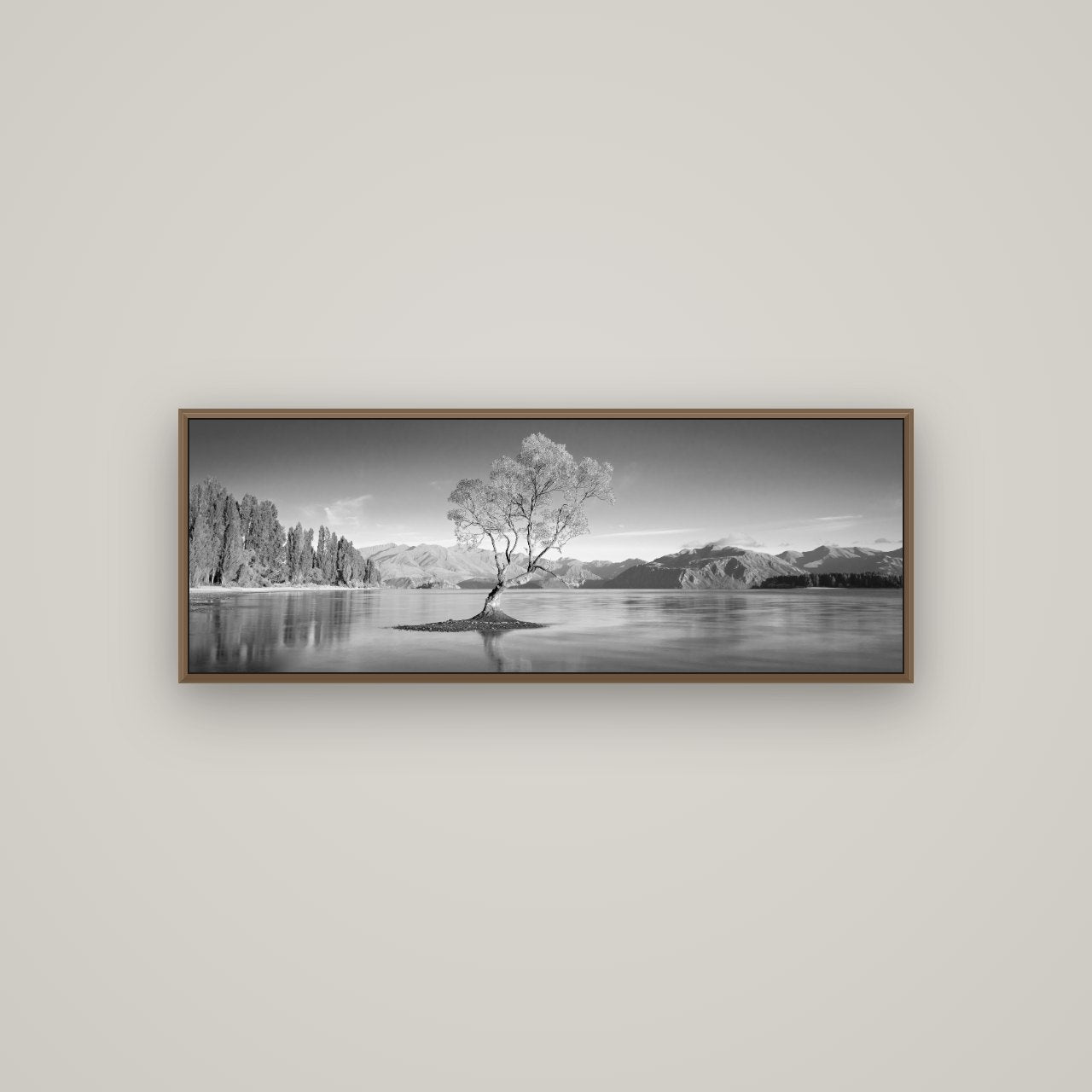 Solitude in the Shallows, Lake Wanaka, Basel Walnut, 113×40 cm. New Zealand fine art wall art by Stephen Milner.