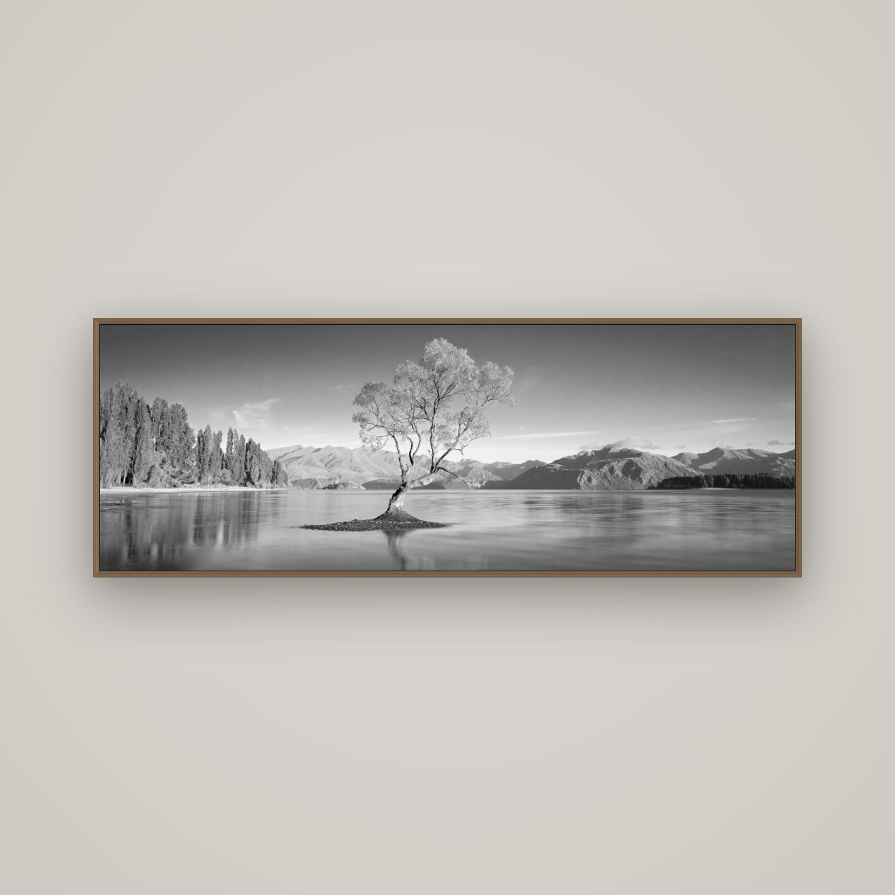 Solitude in the Shallows, Lake Wanaka, Basel Walnut, 170×60 cm. New Zealand fine art wall art by Stephen Milner.