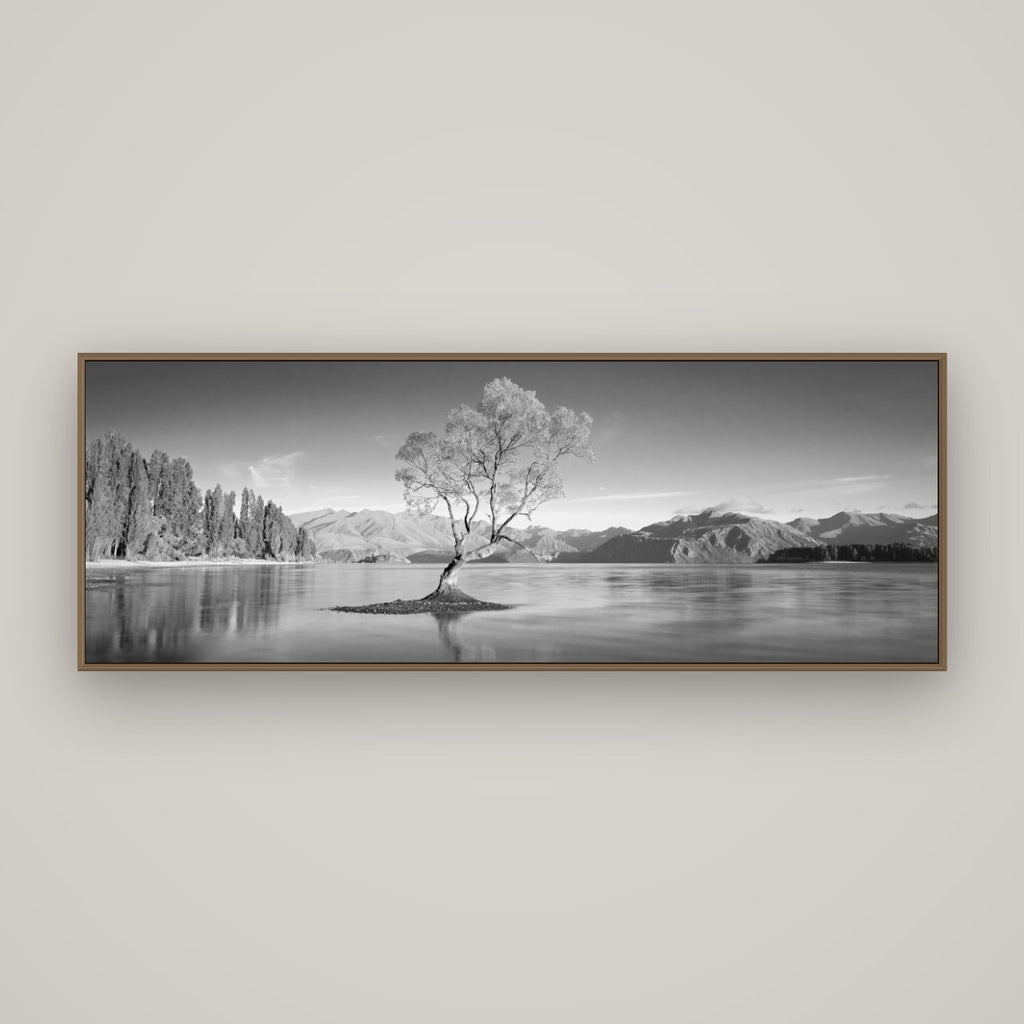 Solitude in the Shallows, Lake Wanaka, Basel Walnut, 170×60 cm. New Zealand fine art wall art by Stephen Milner.