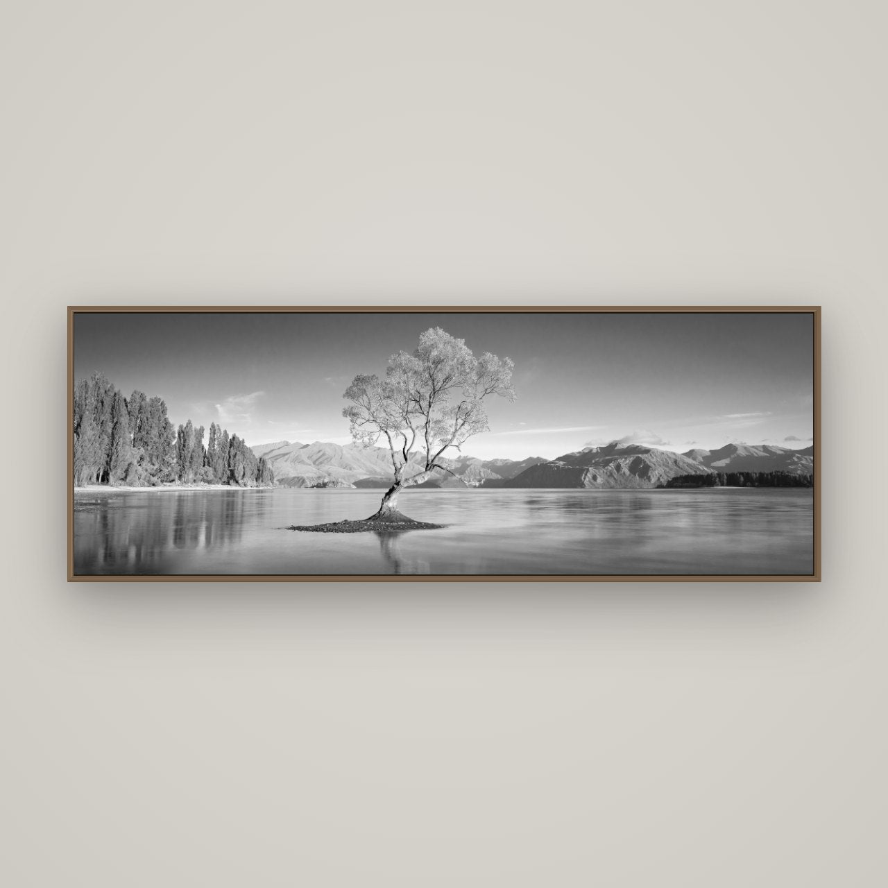 Solitude in the Shallows, Lake Wanaka, Basel Walnut, 170×60 cm. New Zealand fine art wall art by Stephen Milner.