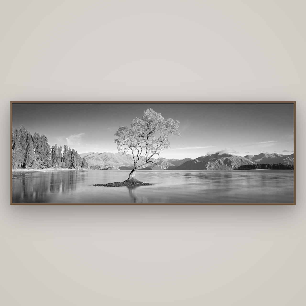 Solitude in the Shallows, Lake Wanaka, Basel Walnut, 227×80 cm. New Zealand fine art wall art by Stephen Milner.