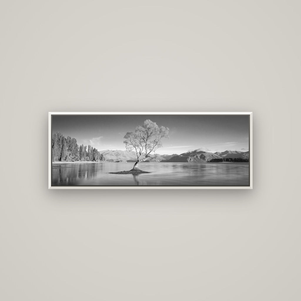 Solitude in the Shallows, Lake Wanaka — Basel White, 113×40 cm. New Zealand fine art wall art by Stephen Milner.