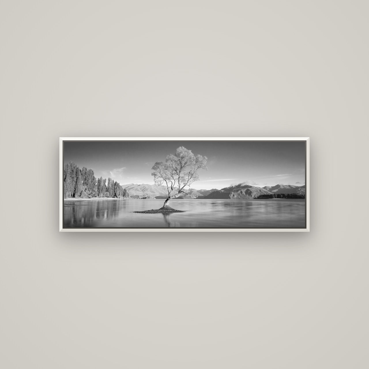 Solitude in the Shallows, Lake Wanaka — Basel White, 113×40 cm. New Zealand fine art wall art by Stephen Milner.