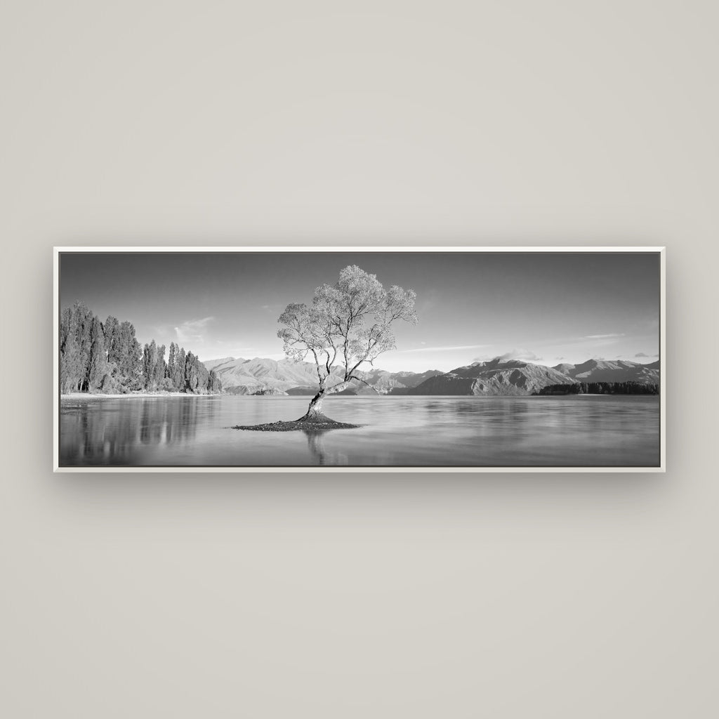 Solitude in the Shallows, Lake Wanaka — Basel White, 170×60 cm. New Zealand fine art wall art by Stephen Milner.