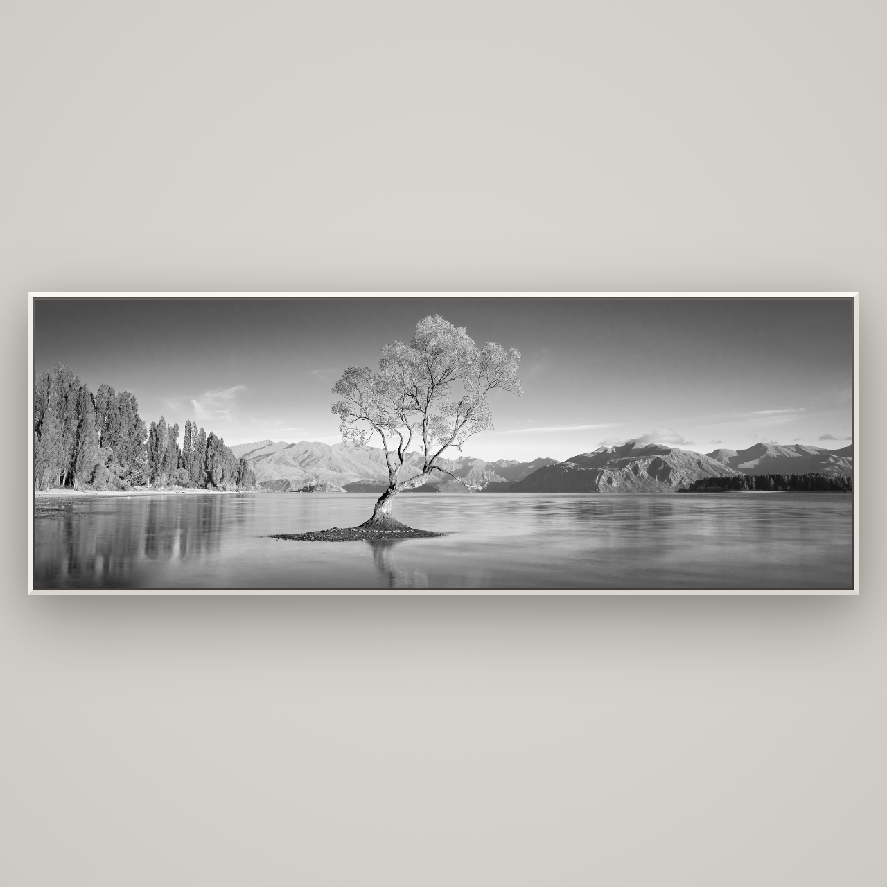 Solitude in the Shallows, Lake Wanaka — Basel White, 227×80 cm. New Zealand fine art wall art by Stephen Milner.