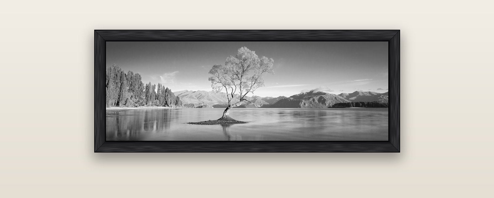 Solitude in the Shallows, Lake Wanaka — black float frame canvas, 102 × 36 cm. New Zealand fine art landscape wall art by Stephen Milner.