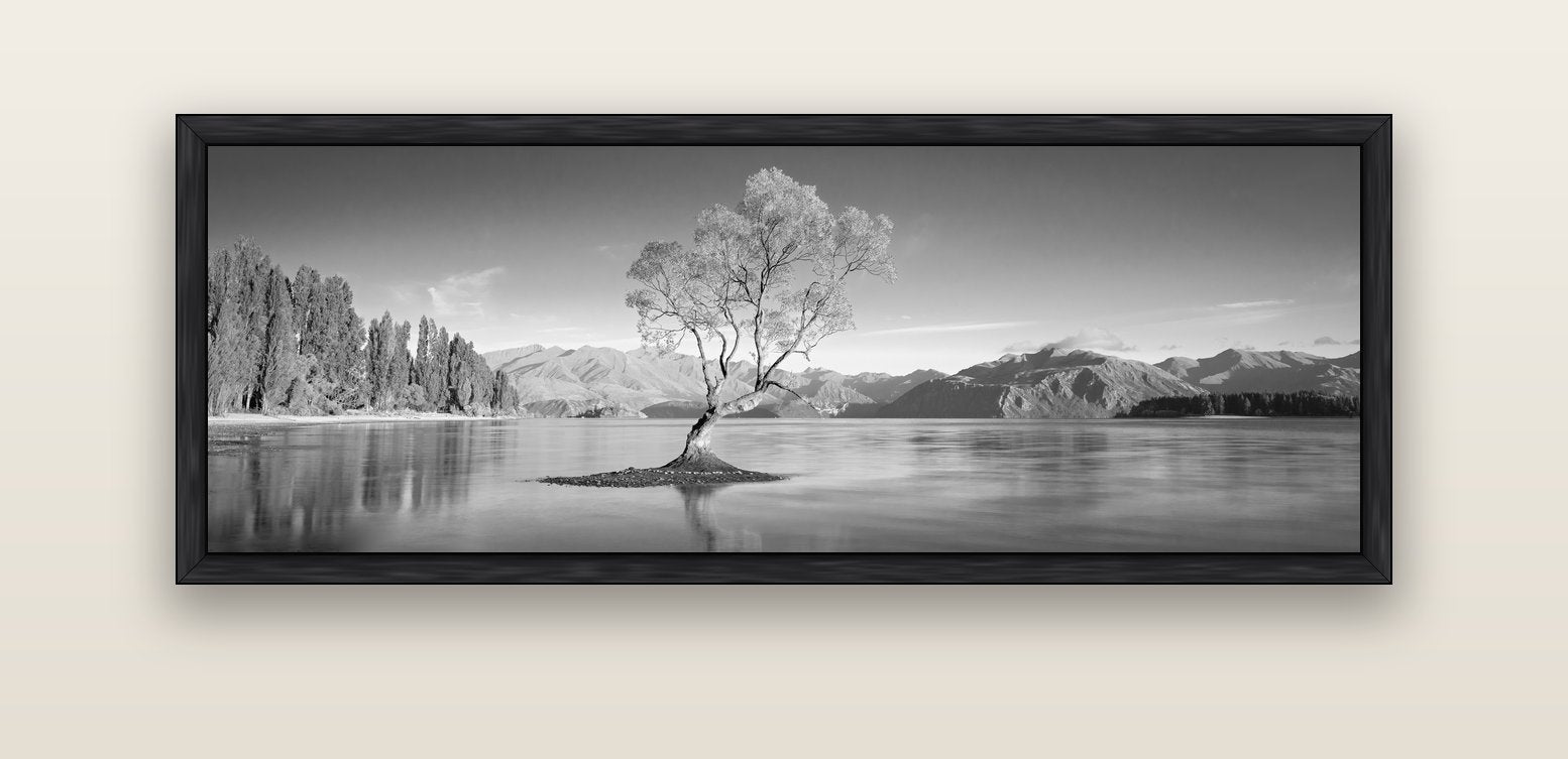 Solitude in the Shallows, Lake Wanaka — black float frame canvas, 152 × 56 cm. New Zealand fine art landscape wall art by Stephen Milner.