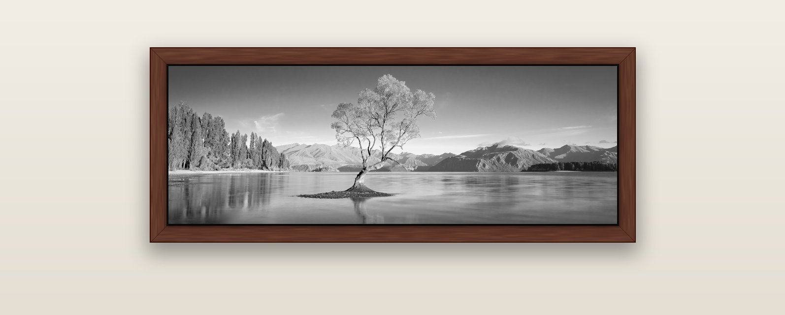 Solitude in the Shallows, Lake Wanaka — brown float frame canvas, 102 × 36 cm. New Zealand fine art landscape wall art by Stephen Milner.
