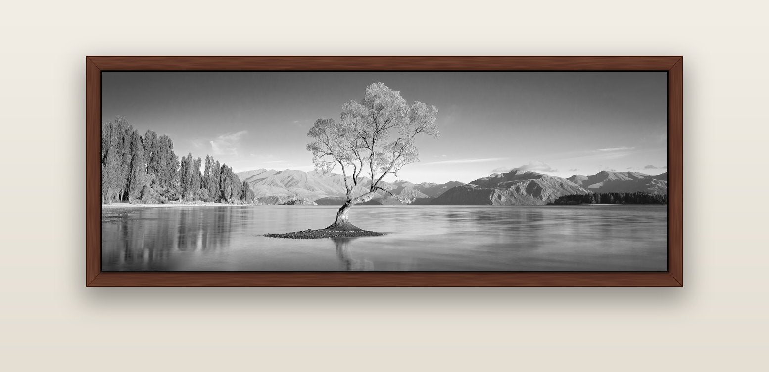 Solitude in the Shallows, Lake Wanaka — brown float frame canvas, 152 × 56 cm. New Zealand fine art landscape wall art by Stephen Milner.