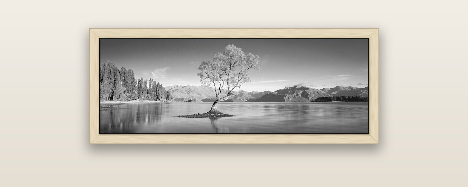 Solitude in the Shallows, Lake Wanaka — natural float frame canvas, 102 × 36 cm. New Zealand fine art landscape wall art by Stephen Milner.
