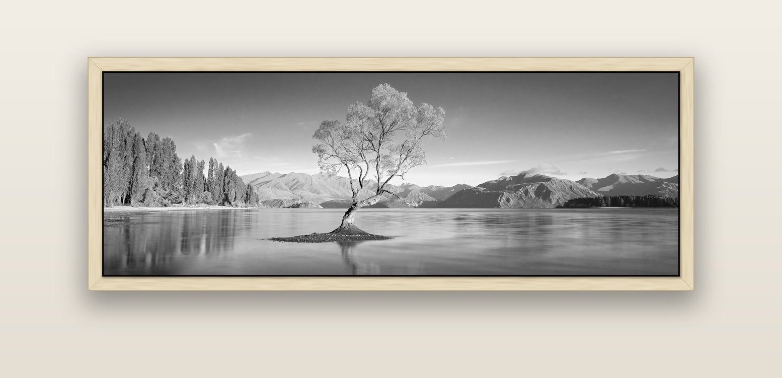 Solitude in the Shallows, Lake Wanaka — natural float frame canvas, 152 × 56 cm. New Zealand fine art landscape wall art by Stephen Milner.