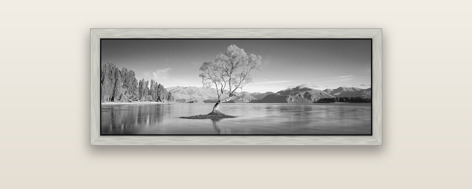 Solitude in the Shallows, Lake Wanaka — silver float frame canvas, 102 × 36 cm. New Zealand fine art landscape wall art by Stephen Milner.