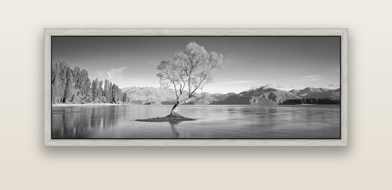 Solitude in the Shallows, Lake Wanaka — silver float frame canvas, 152 × 56 cm. New Zealand fine art landscape wall art by Stephen Milner.