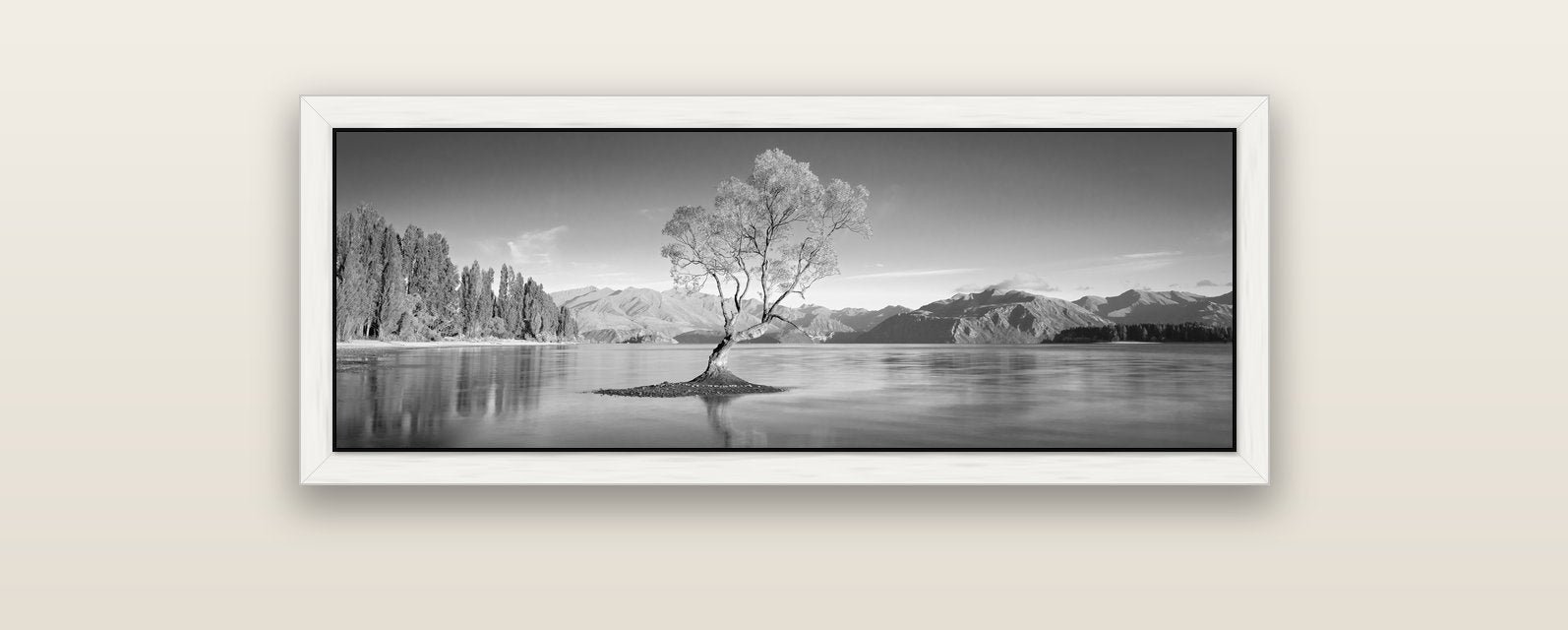 Solitude in the Shallows, Lake Wanaka — white float frame canvas, 102 × 36 cm. New Zealand fine art landscape wall art by Stephen Milner.