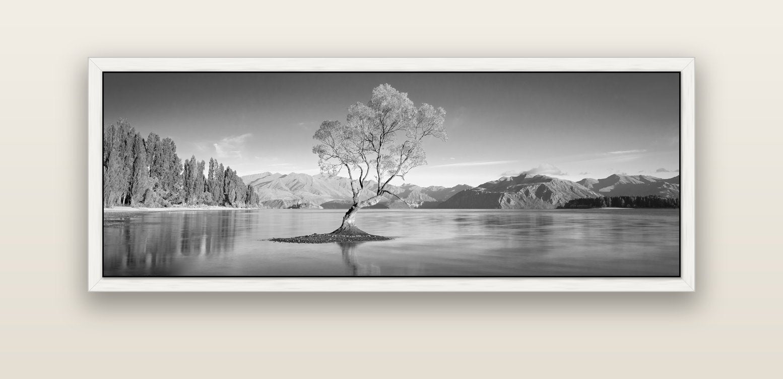 Solitude in the Shallows, Lake Wanaka — white float frame canvas, 152 × 56 cm. New Zealand fine art landscape wall art by Stephen Milner.