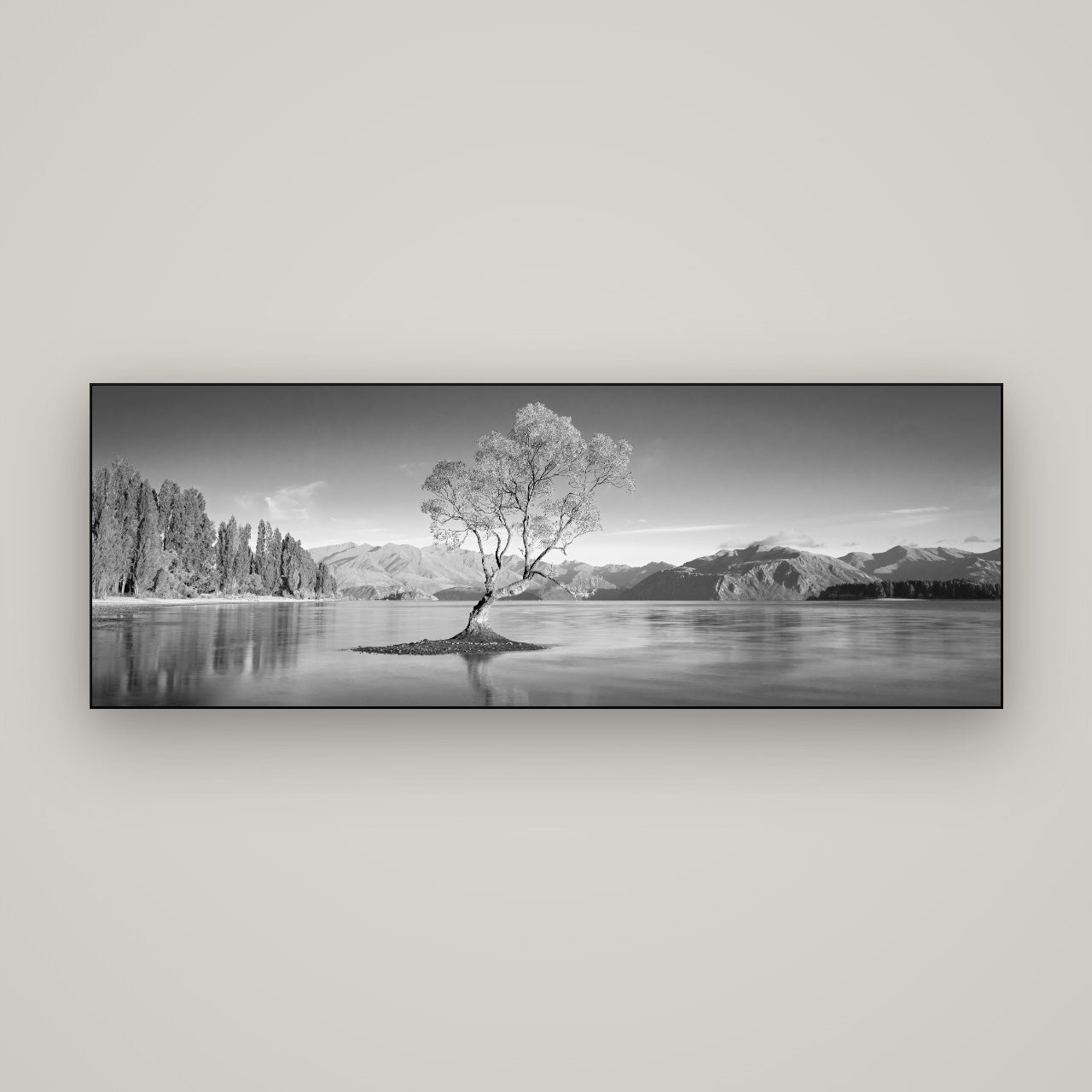 Solitude in the Shallows, Lake Wanaka — Slimline Black, 170×60 cm. New Zealand fine art wall art by Stephen Milner.