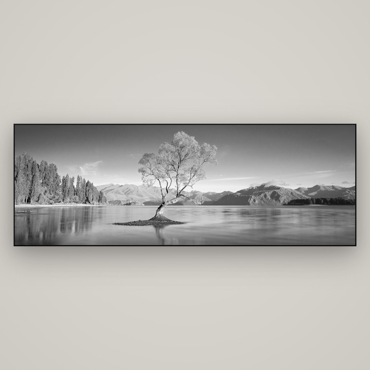 Solitude in the Shallows, Lake Wanaka — Slimline Black, 198×70 cm. New Zealand fine art wall art by Stephen Milner.