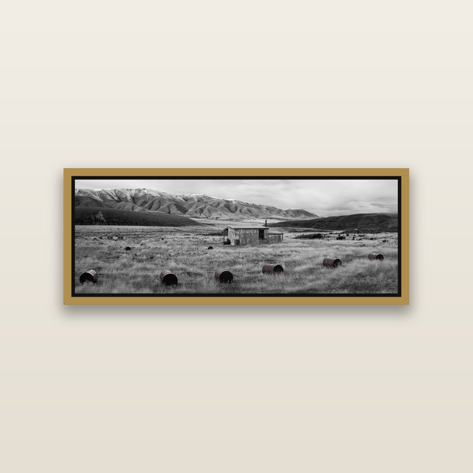 Solitude in the Wild, Barrels of Resilience — Antique Gold framed metallic canvas print, small 86 × 30 cm. New Zealand fine art landscape wall art by Stephen Milner.