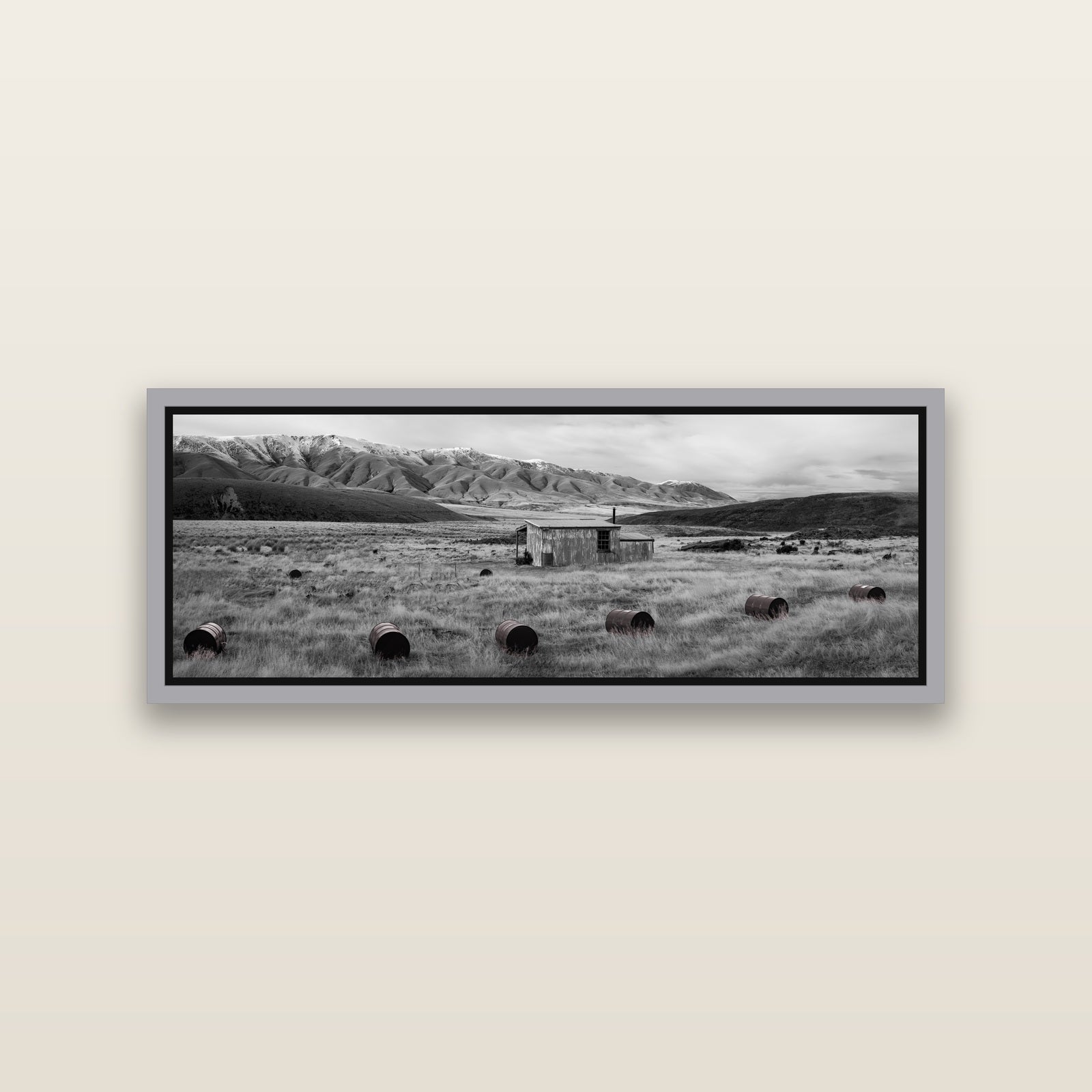 Solitude in the Wild, Barrels of Resilience — Antique Silver framed metallic canvas print, small 86 × 30 cm. New Zealand fine art landscape wall art by Stephen Milner.