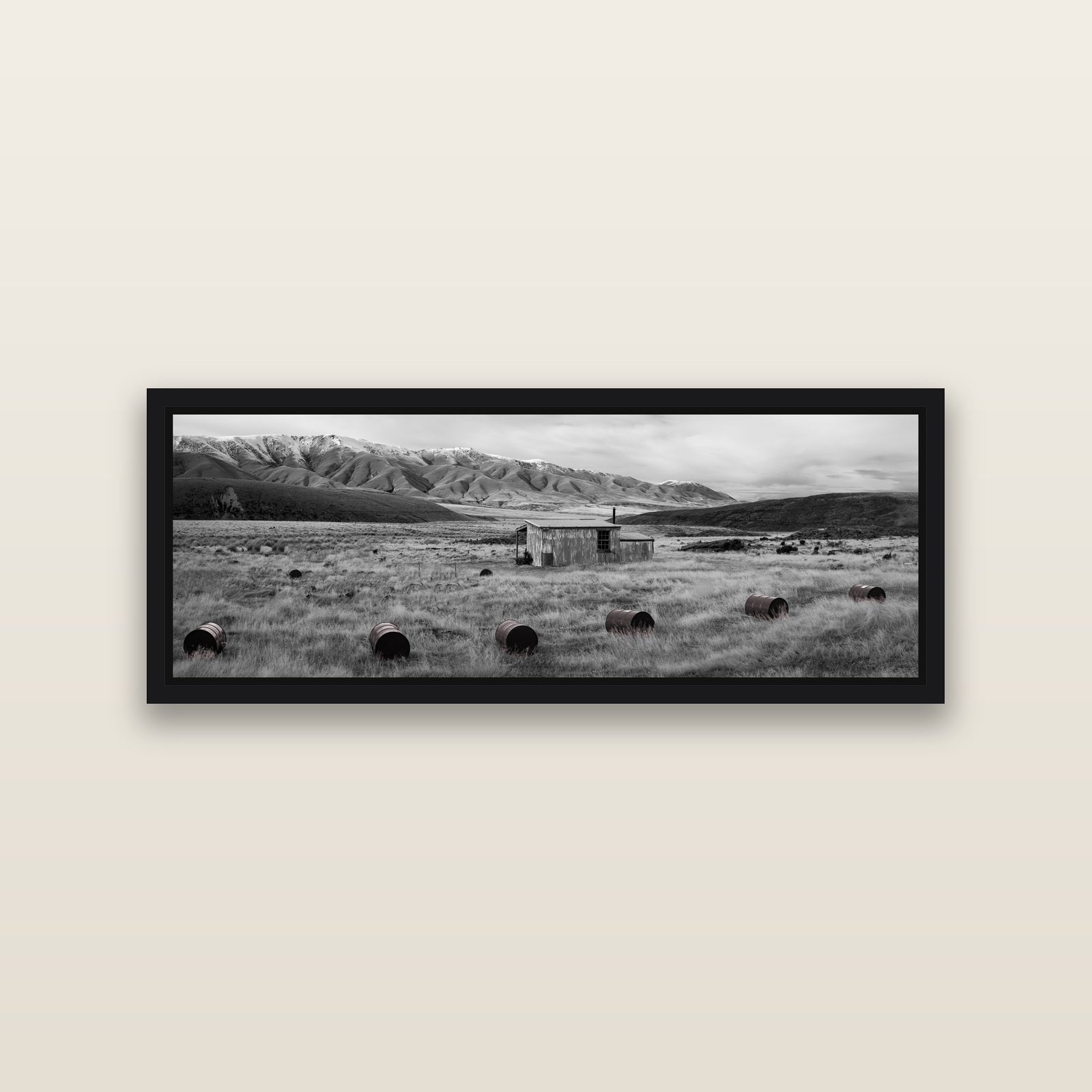 Solitude in the Wild, Barrels of Resilience — Black framed metallic canvas print, small 86 × 30 cm. New Zealand fine art landscape wall art by Stephen Milner.