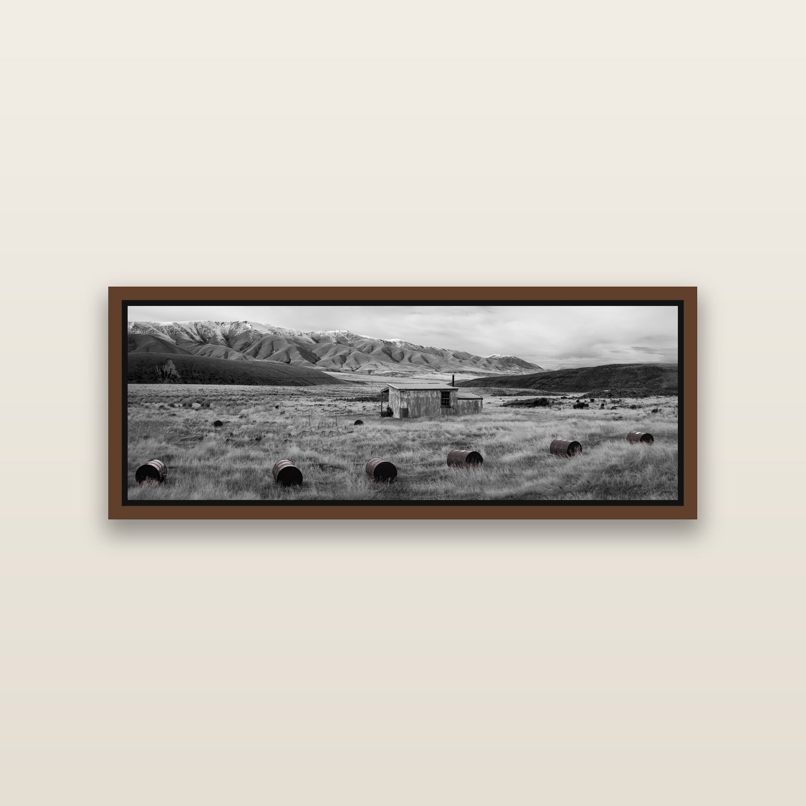 Solitude in the Wild, Barrels of Resilience — Brown framed metallic canvas print, small 86 × 30 cm. New Zealand fine art landscape wall art by Stephen Milner.