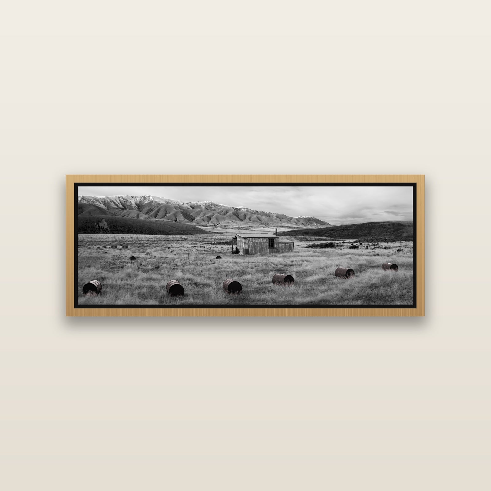Solitude in the Wild, Barrels of Resilience — Natural framed metallic canvas print, small 86 × 30 cm. New Zealand fine art landscape wall art by Stephen Milner.
