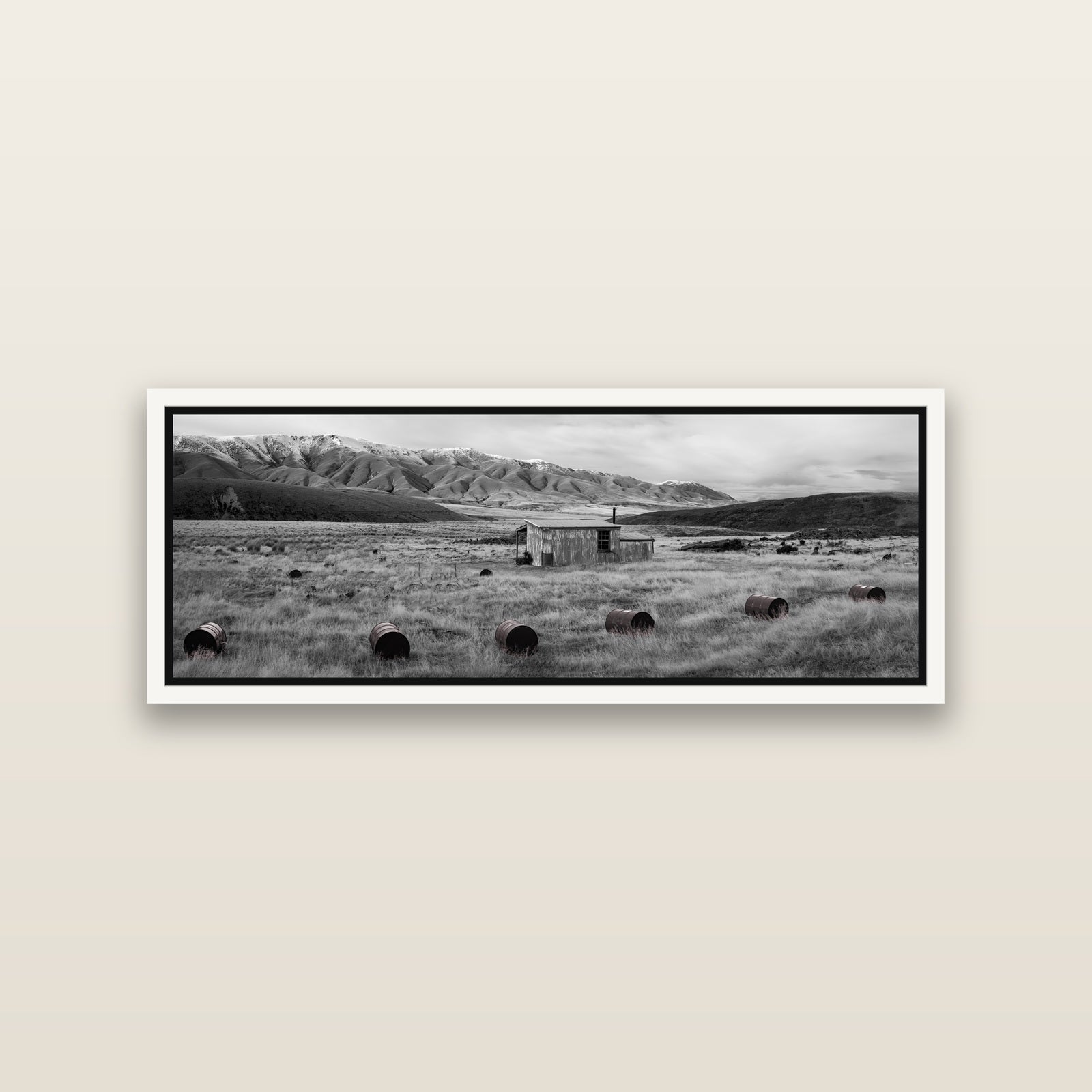Solitude in the Wild, Barrels of Resilience — White framed metallic canvas print, small 86 × 30 cm. New Zealand fine art landscape wall art by Stephen Milner.