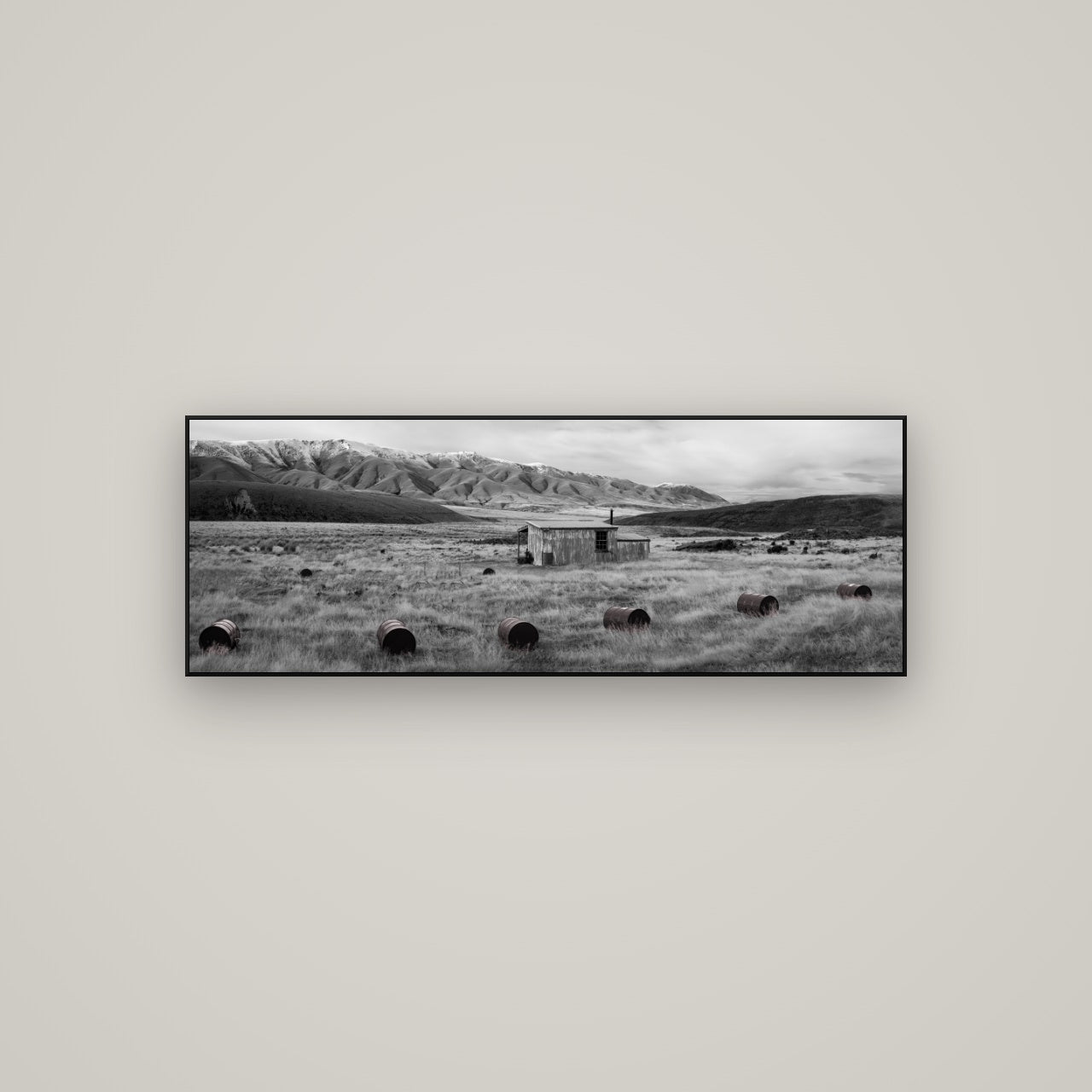 Solitude in the Wild, Barrels of Resilience — ArtBox Black, 113×40 cm. New Zealand fine art wall art by Stephen Milner.