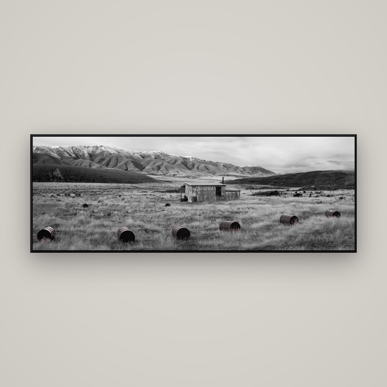 Solitude in the Wild, Barrels of Resilience — ArtBox Black, 170×60 cm. New Zealand fine art wall art by Stephen Milner.