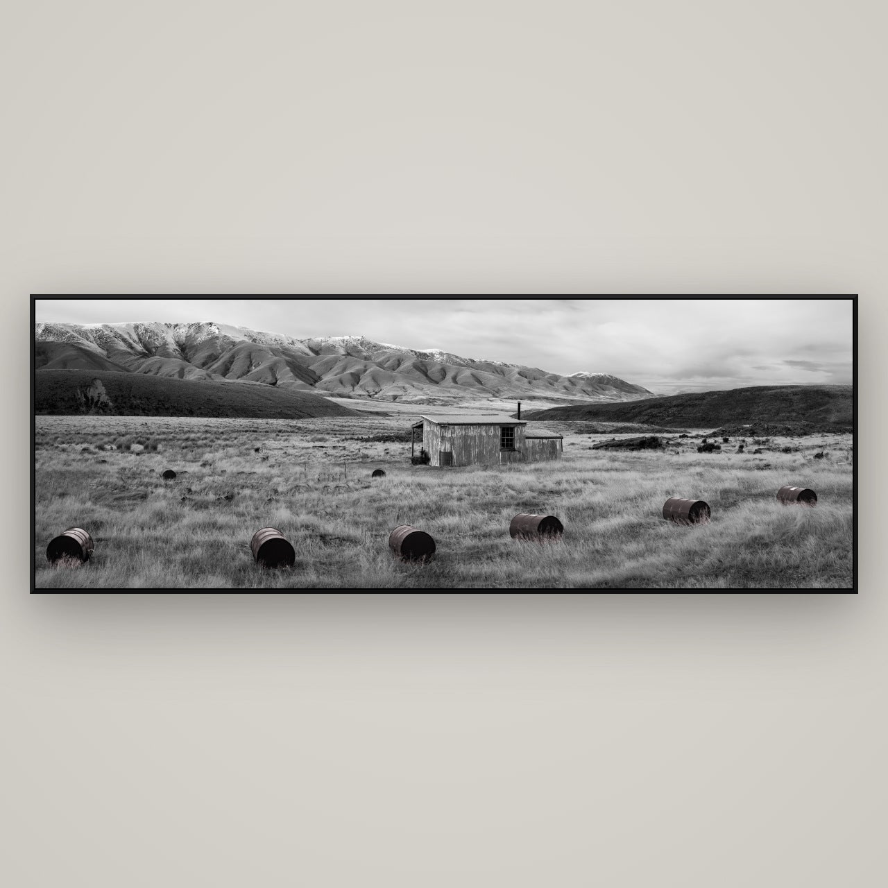 Solitude in the Wild, Barrels of Resilience — ArtBox Black, 198×70 cm. New Zealand fine art wall art by Stephen Milner.